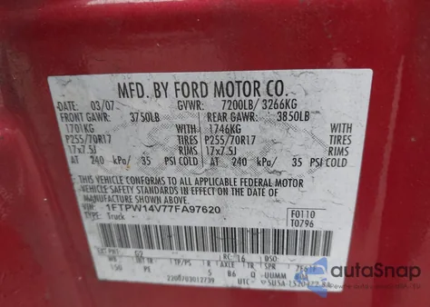 2007 Ford F-150 Fx4/Lariat/Xlt from USA, damaged, VIN 1FTPW14V77FA97620